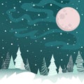 Vector image of a winter night with a full moon, snowflakes, snowdrifts and schematically drawn Christmas trees from