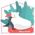 Vector image woman stay at home with big funny white cat surrounded green plants