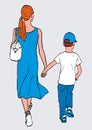 Vector image of yong mother and her little son walking on a stroll together