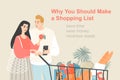 Vector illustration of a young couple shopping with a trolley. Reasons to shop on a list