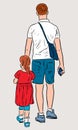 Vector image of young father with his little daughter strolling together on summer day Royalty Free Stock Photo