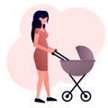 Vector image of a young mother with a baby carriage. Walking with your baby Royalty Free Stock Photo