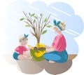 Vector image of a young mother with a child doing household chores. Concept. A housewife is engaged in transplanting a plant with