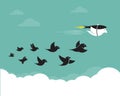 Vector images of birds and rockets in the sky. Royalty Free Stock Photo