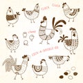 Vector images of chickens, hens, cocks, eggs in cartoon style, line art. Elements for design cover food package