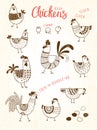 Vector images of chickens, hens, cocks, eggs in cartoon style, line art. Elements for design cover food package