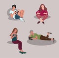 Vector images of people reading books, working on a laptop, looking for information on the Internet. Education, reading, working f