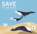 Vector images reflect current social problems, Marine pollution Whales eat plastic bags and garbage in the sea, causing many anima