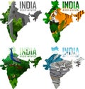 Vector India map with indian elephant, male peacock peafowl, tiger and snow leopard