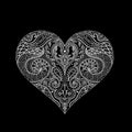 Vector indian henna design for t-shirt or web.White lines on the black background.Heart outline Mehndi design, Royalty Free Stock Photo