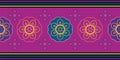 Vector Indonesian batik style floral seamless border. Beautiful banner with stylized purple ,gold, blue flowers on dark