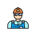 Vector industrial worker, engineer, builder, miner flat color line icon.
