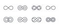 Vector infinity icons. Editable stroke. The symbol of the unlimited in mathematics, space. Set of different lines of shapes. Black