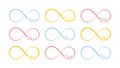 Vector infinity symbols. Colored repetition and unlimited cyclicity icon and sign illustration on white background