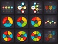 Vector infographic elements on dark background. Charts, diagram, timelines and arrows with 3, 4, 5, 6, 7 and 8 steps and