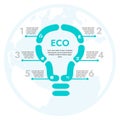 Vector infographic with the image of a light bulb, which means sustainability. The infographic is divided into 6 blocks and 1 main