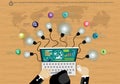 Vector Infographic Templates Businessman brainstorming business ideas with lamps, colorful circles.