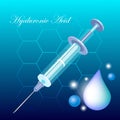 Vector syringe icon with hyaluronic acid drops with cells on the background