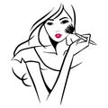 Vector Ink Line Art Beautiful Girl Applying Makeup Royalty Free Stock Photo