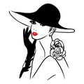 Vector Ink Line Art Lady Wearing Black Hat Royalty Free Stock Photo