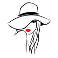 Vector Ink Line Art Lady Wearing Floppy Hat Royalty Free Stock Photo