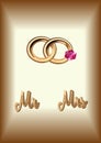 Mr and Mrs. golden letters on a gold background, a pair of wedding rings with a ruby for a wedding,