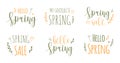 Vector inscriptions. Hello spring, spring sale, beloved spring. Vector isolated elements. Summer and spring flat flowers and Royalty Free Stock Photo