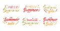 Vector inscriptions. Hello summer, summer sale, favorite summer. Vector isolated elements. Summer and spring flowers and leaves,