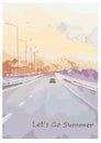 Vector Inspiration trip illustration. Car rides on the highway. Beautiful sunset or sunrise on the road. Inspirational travel