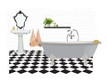 Vector interior design illustration. bathroom toilet elements. bath sink mirror towels. flooring floor tiles.