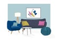 Vector interior design sketch illustration. living room furniture. mid century modern.