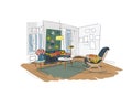 Vector interior design illustration.living room furniture. hand drawn watercolor sketch. Mid century modern. Danish. Designer fash
