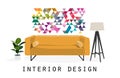 Vector interior design sketch illustration. living room furniture. mid century modern.