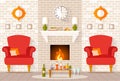 Vector interior with a fireplace and a festive dinner for two.