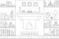 Vector interior with a fireplace in an outline style.