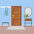 Vector interior of home hallway with furniture in cartoon flat style. Template of entrance of house door, mirror, white furniture Royalty Free Stock Photo