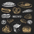 Vector international food menu. Fusion cuisine carte. Vintage hand drawn quick meals collection. Fast-food icons. Royalty Free Stock Photo