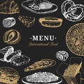 Vector international food menu. Fusion cuisine carte. Vintage hand drawn quick meals collection. Fast-food icons. Royalty Free Stock Photo