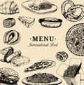 Vector international food menu.Fusion cuisine carte.Vintage hand drawn quick meals collection.Fast-food restaurant icons Royalty Free Stock Photo