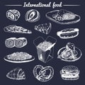 Vector international food menu.Fusion cuisine carte.Vintage hand drawn quick meals collection.Fast-food restaurant icons