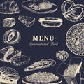 Vector international food menu.Fusion cuisine carte.Vintage hand drawn quick meals collection.Fast-food restaurant icons Royalty Free Stock Photo