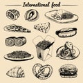 Vector international food menu.Fusion cuisine carte.Vintage hand drawn quick meals collection.Fast-food restaurant icons Royalty Free Stock Photo