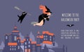 Vector invitation banner for halloween party with cartoon witch and black cat flying over night cityscape Royalty Free Stock Photo