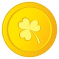 Vector Irish Gold Coin with Shamrock Image. Golden Coin with Three-Leaf Clove
