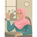 Islamic woman at table gesturing hello vector