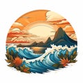 Vibrant Ocean And Mountain Sunrise Illustration In Classic Tattoo Style
