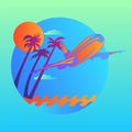 Vector island trendy and modern for travel symbol. Plane flying over the waves and tropical island. Vector illustration Royalty Free Stock Photo