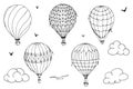 Vector isolated balloons on white background. Many striped air balloons flying in the clouded sky. Patterns of clouds and birds Royalty Free Stock Photo