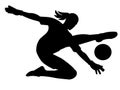 Girl silhouette of a woman\'s football goalkeeper in gloves jumping high kicking the ball with her foot Royalty Free Stock Photo