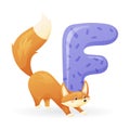 Vector isolated cartoon illustration of English alphabet letter F with picture of fox. Royalty Free Stock Photo